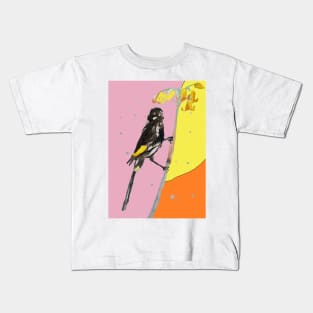 Australian Honeyeater Bird Painting - New Holland on Yellow and Pink Kids T-Shirt